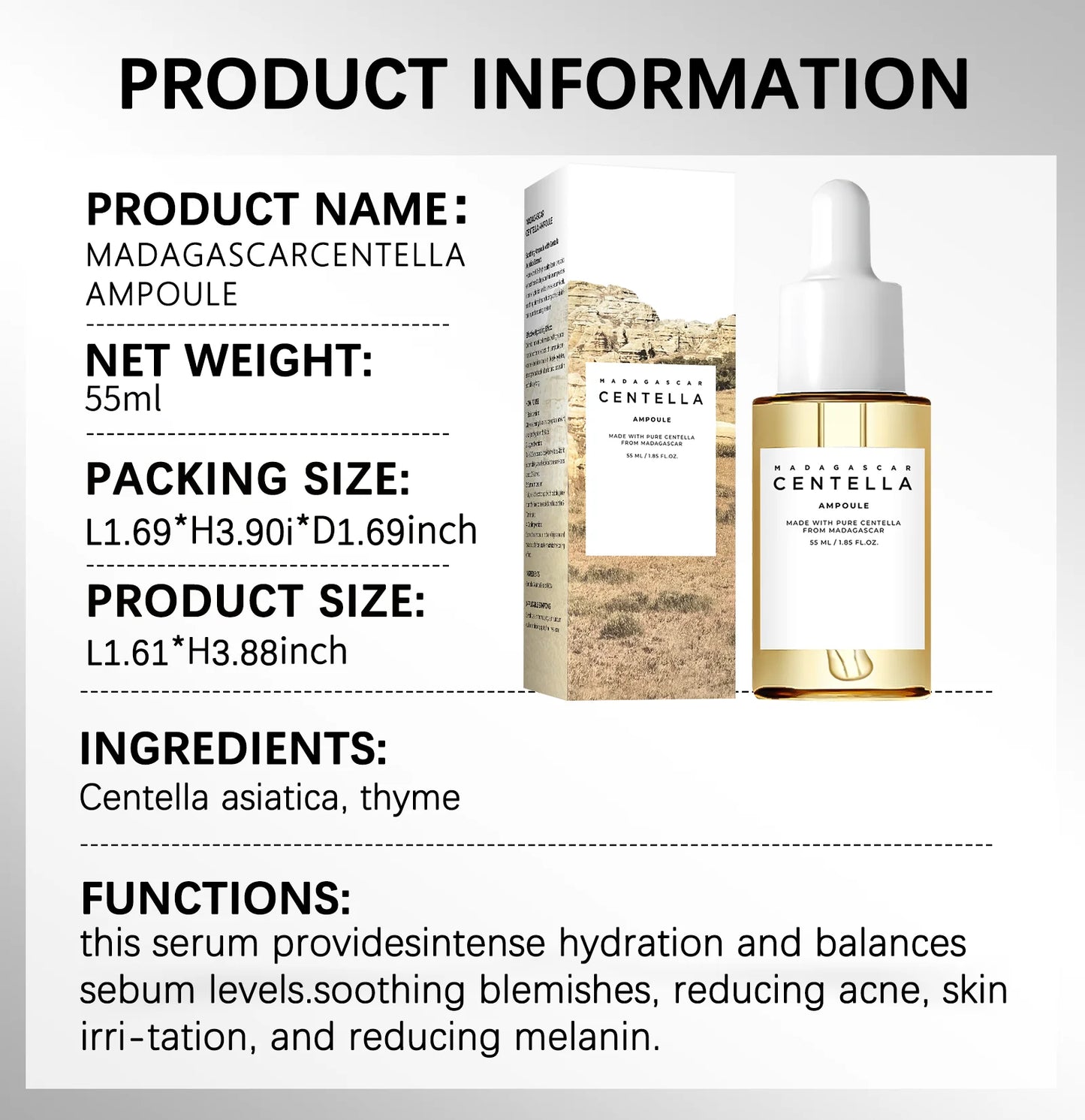 Madagascar Centella Asiatica Serum 55ml - Sensitive skin soothing formula with acne fighting，deep moisturizing benefits for face